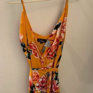 Lulus yellow, floral wrap dress